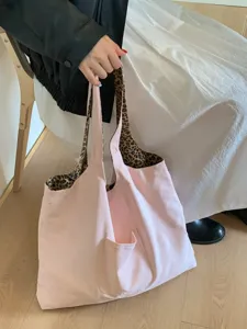 Grand sac cabas fourre-tout rose en toile imprimé léopard, sac à main bandoulière femme.