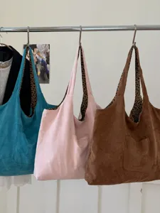 Sac cabas en velours côtelé pour femme, grand sac porté épaule avec doublure léopard.