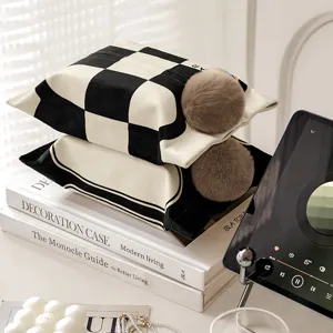 Black and white fabric tissue box French luxury checkered napkin cover for home decor.