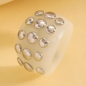 Chunky white resin statement ring with silver dome studs punk style fashion jewelry