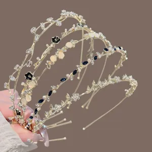 Serre-Tête Fin en Métal Doré pour Femmes Style Forêt de Fées Alliage Strass Perle Artificielle Floral Accessoires de Coiffure