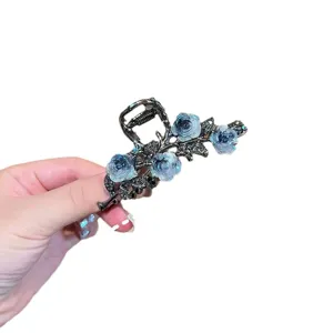 Molla per capelli camelia grigio fumo metallo fiore blu elegante stile francese fermaglio