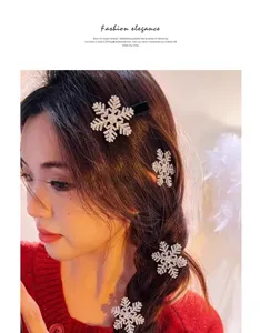 Detail view of sparkly rhinestone snowflake hair clips worn on side hair, elegant styling.
