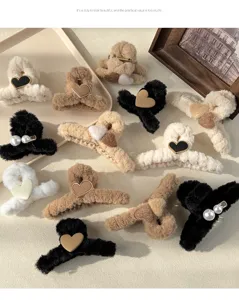 Autumn winter plush hair claw clips with cute hearts and pearls, soft fluffy bear hair accessories.