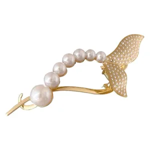 Elegante pinza de pelo de cola de pez de perlas para mujeres, horquilla dorada para peinados.