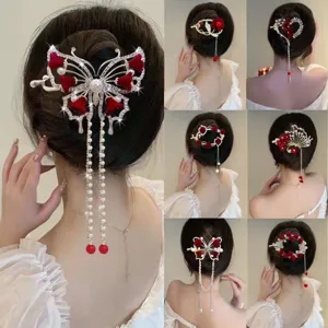 Elegant velvet butterfly hair claw clip with pearl tassel, stylish back head hair styling accessory for women.