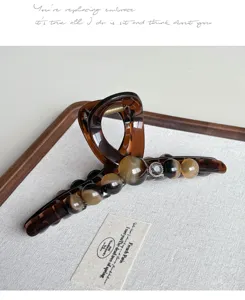 Large brown hair claw clip with gradient beads and rhinestone for women styling 15cm