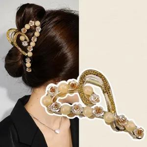 Korean rhinestone pearl hair claw clip for women, large shark clip for thick hair styling.