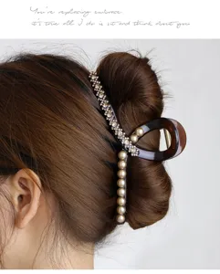 Large hair claw clip with pearls and rhinestones, elegant dark brown shark clip for women.