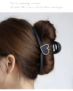15cm large hair claw clip for thick hair, matte black shark clip with cute heart design.