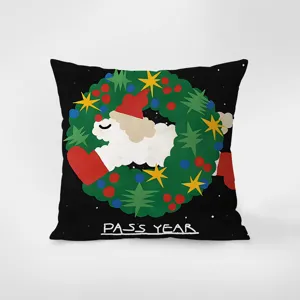 Christmas cartoon sheep cushion detail view, showing cute holiday print and soft velvet fabric.