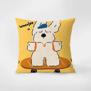 Cute puppy skateboard pattern throw pillow modern minimalist yellow velvet sofa cushion cover
