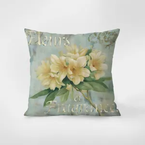 Vue détaillée de la housse de coussin motif floral vintage avec typographie française élégante.