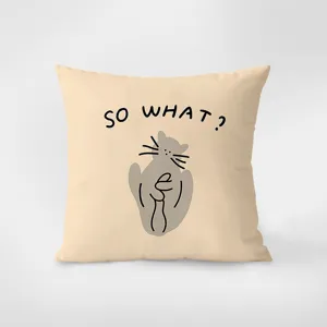 Close-up detail of minimalist Nordic style throw pillow with cute cat graphic and funny typography.