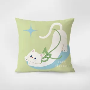 Soft velvet pillow detail featuring cute cat illustration and sweet soft kittens typography design.