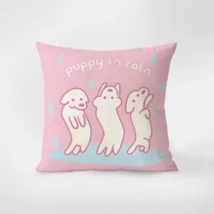 Detailed view of a cute pink puppy in rain decorative pillow cover for living room sofa.