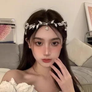 Forest Style Leaf Teardrop Headband Rhinestone Bridal Forehead Ornament Fairy Princess Hair Hoop Headwear Women Jewelry