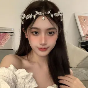 Fairy-core crystal leaf drop tiara headband for women bridal wedding hair accessories