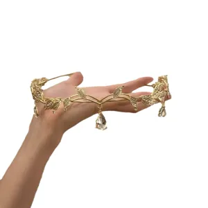 Gold leaf tiara bridal crystal headband fairy hair accessory for women wedding jewelry