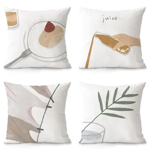 Minimalist watercolor cushion cover with artistic dessert and plant prints for cozy home decor.