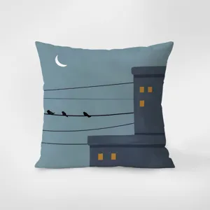 Detailed view of the velvet throw pillow featuring a charming night sky bird illustration.