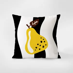 Black and white striped throw pillow with yellow pear graphic detail for sofa and bed.