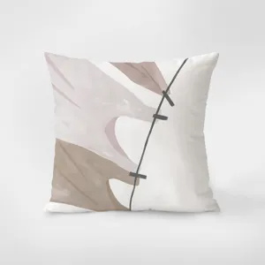 Detail view of abstract watercolor pillow cover, soft flannel fabric, neutral beige tones.