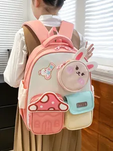 Joli sac à dos pour enfants motif lapin de dessin animé, cartable rose et blanc imperméable.