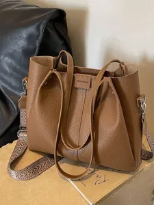 Korean Niche PU Leather Bucket Bag For Women Large Capacity Solid Color Casual Shoulder Crossbody Tote Handbag