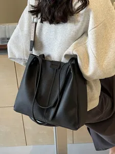 Stylish black leather shoulder bag women tote casual bucket bag daily crossbody bag