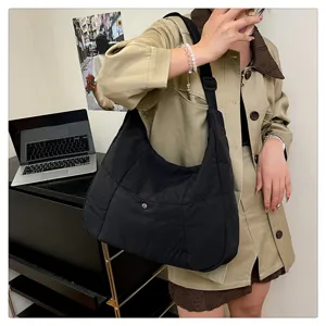 Stylish black nylon shoulder bag, large capacity casual crossbody bag for women daily wear.