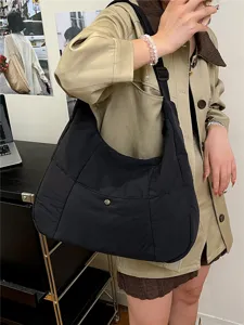 Casual black quilted hobo shoulder bag for women, large capacity lightweight crossbody bag.