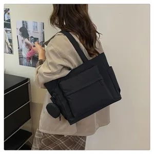 Bolso tote negro casual para mujer, bolso de hombro de gran capacidad con bolsillo frontal.
