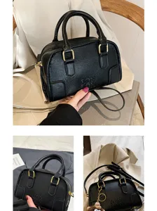 Classic black PU leather handbag with dual top handles and detachable shoulder strap.