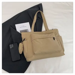 Bolsito tote grande de lona beige con bolsillo delantero, bolso de hombro casual para diario.