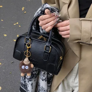 Black PU leather top handle boston handbag for women, chic retro casual shoulder cross body bag.