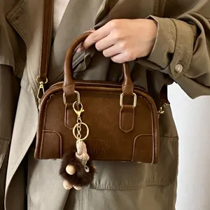 Brown leather top handle bag fashionable retro shoulder crossbody bag for women daily use