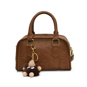 Brown PU leather handbag stylish women crossbody shoulder bag with cute plush doll keychain