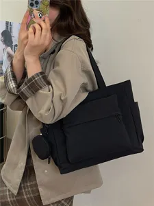 Elegante bolso tote negro de lona bolso de hombro informal gran capacidad bolso de mano