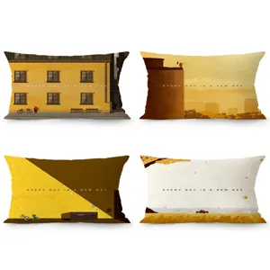 Funda de Cojín de Terciopelo Nórdico Amarillo Rectangular Funda de Almohada de Cintura Estampado de Paisaje Artístico Para Sofá Decoración del Hogar
