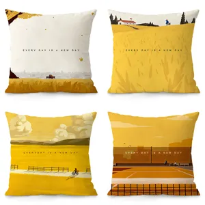 Housse de Coussin Décoratif Carré en Peluche Jaune Nordique Impression Paysage artistique pour Canapé Lit