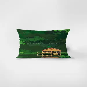 Cuscino rettangolare in velluto verde con stampa di baita nel bosco, ideale per divano e letto.