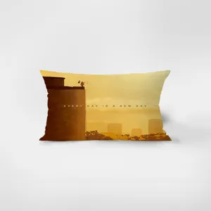 Cojin rectangular amarillo de terciopelo estilo nordico con paisaje artistico.