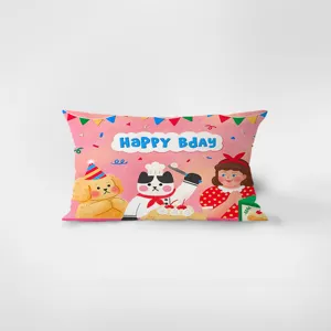 Housse de coussin anniversaire dessin animé mignon, taie rectangulaire rose canapé.