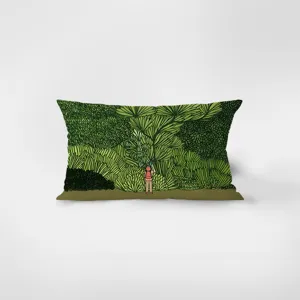 Green jungle print detail on rectangular velvet pillow, perfect for modern sofa decor.