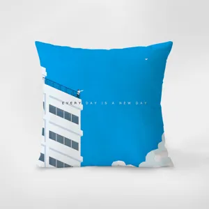 Minimalist blue throw pillow with architectural art print, soft velvet cushion cover for sofa bed.