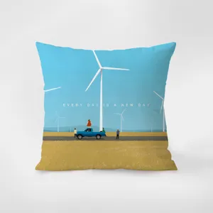 Decorative blue throw pillow cover with Nordic wind turbine landscape art design, soft velvet.