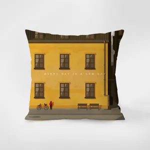 Housse de coussin jaune nordique en velours illustration de batiment artistique canape