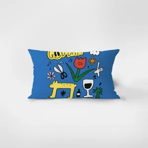 Blue rectangular throw pillow detail with cute cartoon print for sofa decor style.