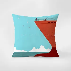 Detailed view of Nordic blue throw pillow with artistic ship graphic and motivational text.